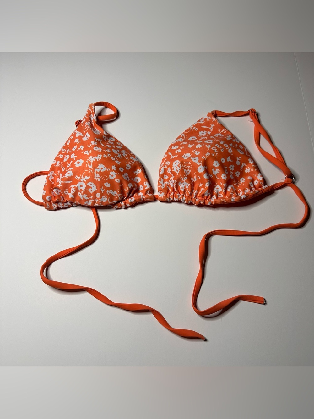 Size Medium Triangle Bikini Top Orange And White Floral Adjustable Padded